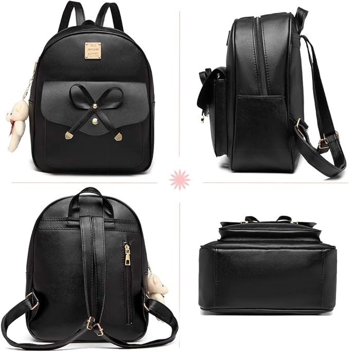 MACCINELO Cute Leather Mini Backpack Purse for Women Bowknot Small Backpack for Girls gift Rucksack Ladies Shoulder Bag 3pcs