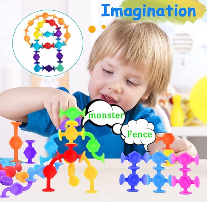 100pcs Suction Bath Toys for Baby Kids, Bath Toy Silicone Construction Building Blocks Montessori Sensory Toy for 3 4 5 6 7 8 Years Old Toddlers Boys Girls with Egg Storageโฆ