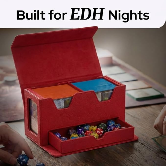 Card Deck Box Fits 200+ Double Sleeved,Commander Deck Box for Magic the Gathering with Dice Tray & Toploader Display,2 Dividers