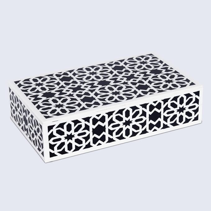 Handicrafts Home Small Decorative Storage Box with Lid, Black White Persian Tile Keepsake Box, Moorish Rosette Trinket Box for Jewelry, Desk Organizer & Coffee Table Decor, Shiraz 8 x 5 x 2