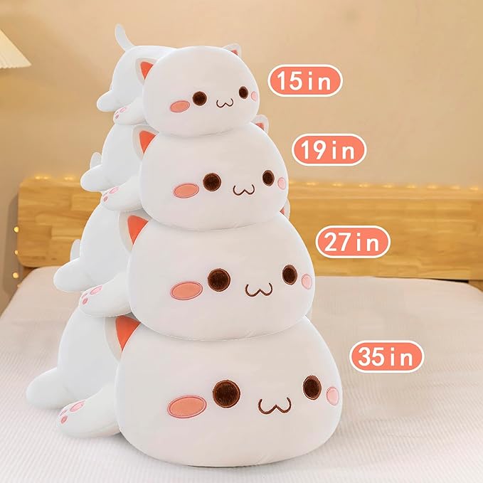 FUYU Cat Stuffed Animals, Soft Cat Plush Pillow Kawaii Kitten Stuffed Animal Toy Gifts for Kids Boys Girls Room Decor (White Round Eyes,15in/37cm)