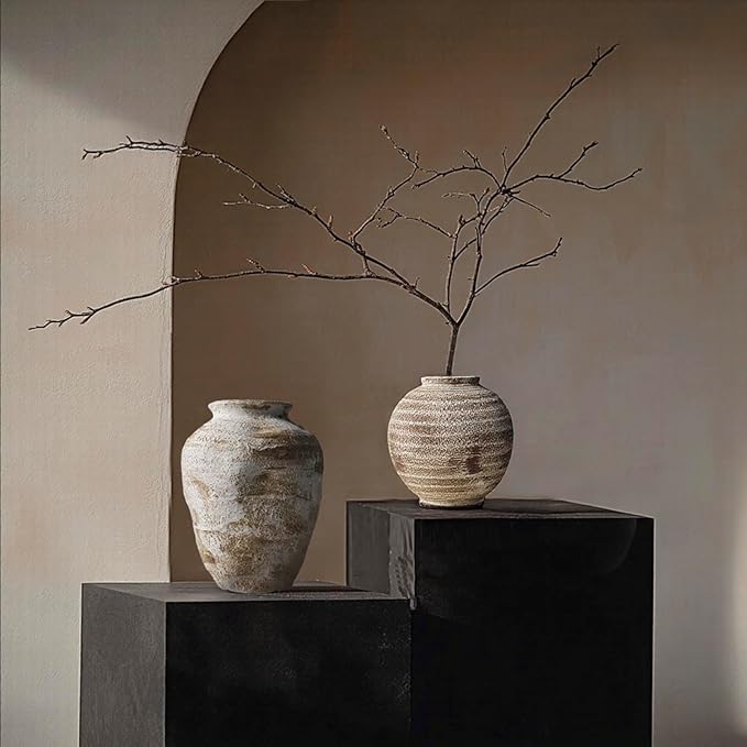 DIF DECO Ceramic Farmhouse Vase Rustic Decor,Pottery Decorative Flower Vases for Home Decor,Boho Vase for Table, Living Room,Bathroom,Shelf,Mantel Decoration,Light Brown (5.5 inch)