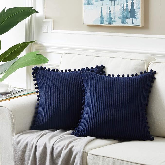 Fancy Homi Pack of 2 Corduroy Navy Blue Decorative Throw Pillow Covers with Pom-poms, Solid Square Cushion Case Pillow Cases Set for Couch Sofa Bedroom Car Living Room (18x18 Inch/45x45 cm, Navy Blue)