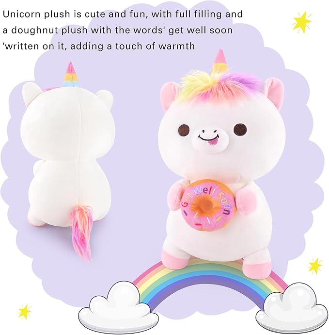 Achwishap Get Well Soon Unicorn Plush Stuffed Animal,Soft Get Well Soon Gifts for Kids Girls Adults-14” Kawaii Unicorn Plush Toy Pillow,Cute Plushies Doughnut Decoration Feel Better Gifts