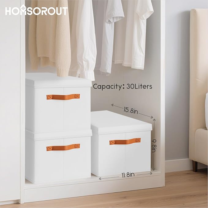 Storage Bins with Lids - Large Fabric Closet Bins with Lid, 5 Pack Clothes Organizers and Storage, Collapsible Stackable Cube Basket for Home, Office, Dorm, White