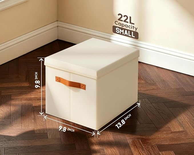 Storage Bins with Lids - Fabric Storage Baskets for Shelves, 6 Pack Foldable Decorative Boxes with Handles, Stackable Organizer Bins for Home, Nursery, Dorm, Beige