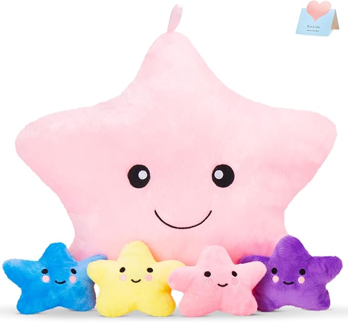 WEWILL 13 Inches Musical Light up Star Plush Toys with 4 Little Stuffed Stuffed Animal LED Night Light Stuffed Animal with Babies Birthday Easter Christmas for Toddler Kids Girls