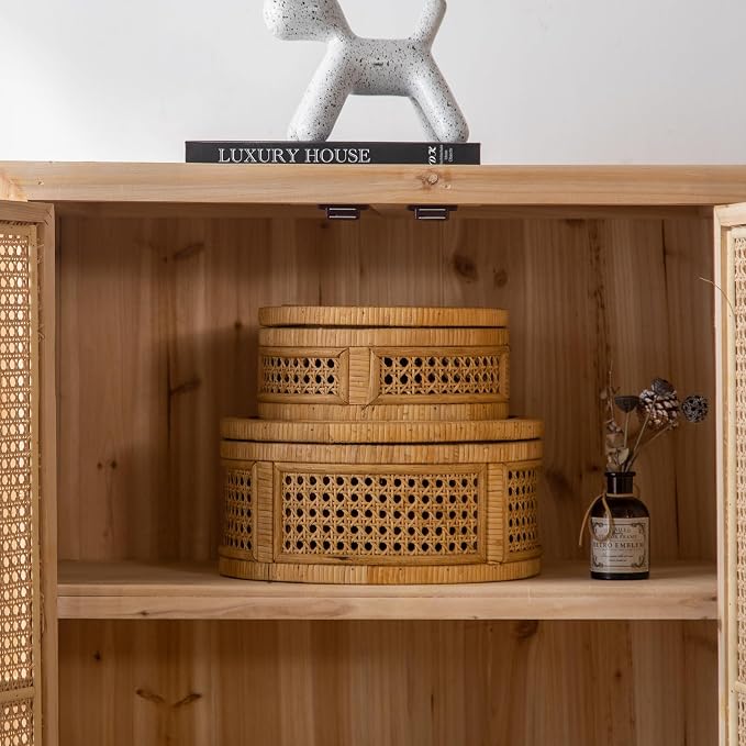Rattan Decorative Box, Boho Decorative Boxes with Lids, Set of 2 Round Farmhouse Wicker Storage Box, Natural Woven Cane Bins for Home Decor