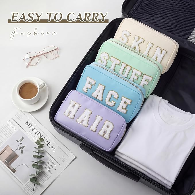 Preppy Makeup Bags Chenille Letter Stuff Bag Nylon Cosmetic Pouch Cases with Zipper for Women Travel Toiletry(Soft Pastel,Classic,4 Pcs)