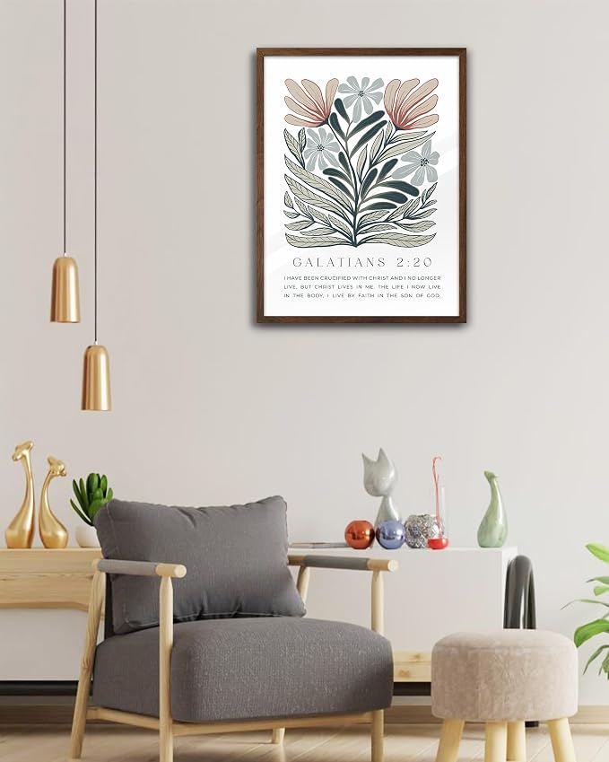 EcoHest 12x16 in Galatians 2:20 Abstract Floral Framed Christian Wall Art | Walnut Color Solid Oak Frame,Canvas Wall Art, Boho Scripture Bible Verse Decor for Bedroom, Living Room, Office, Church,1Pack