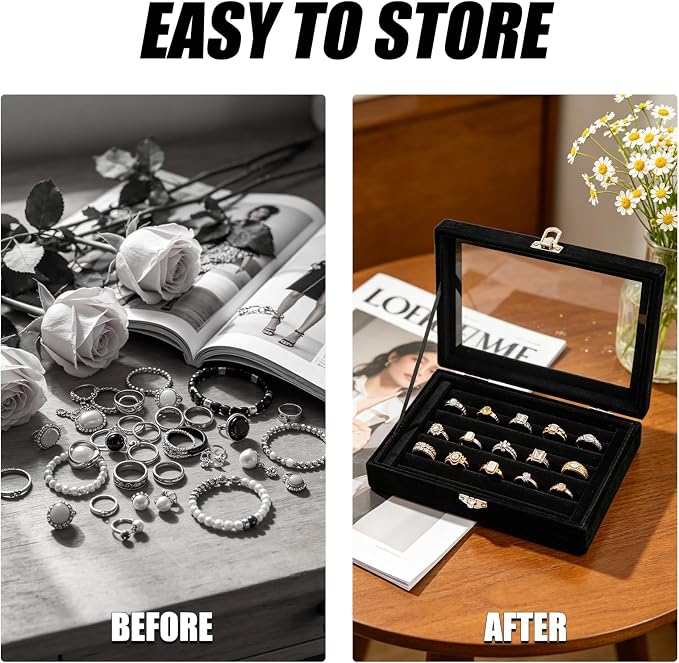 Small Velvet Jewelry Tray with Clear Lid, 8 Rolls Black | Lockable Ring Earring Holder Organizer Storage Box Case Jewelry Box Organizer for Rings Earrings Bracelets Brooches