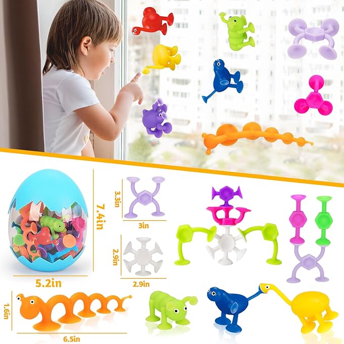 32 PCS Toddler Suction Cup Bath Toys for Kids Ages 1-3 3-5 4-8, Mini Sensory Travel Toy 2 3 4 5 6 Year Boy Girl Valentines Birthday Gifts Party Favor Goody Easter Basket Stuffer Fillers Prize Eggshell
