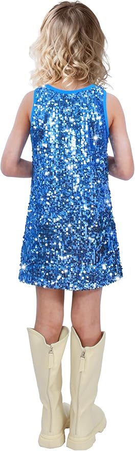 Girls Sequin Dress Sparkly Sleeveless Costume Prom Concert Party Outfit with Glitter Microphone Prop