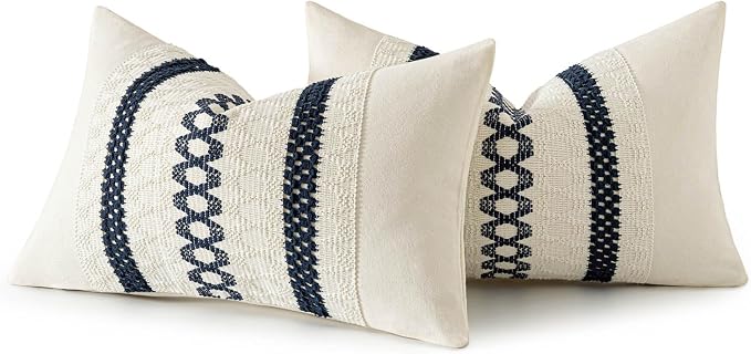 MIULEE Set of 2 Navy Blue Boho Decorative Lumbar Pillow Covers 12x20 Inch | Farmhouse Couch Throw Pillows, Modern Coastal, Cotton Cushion Covers, Macrame Woven Home Decor for Bed Sofa Chair