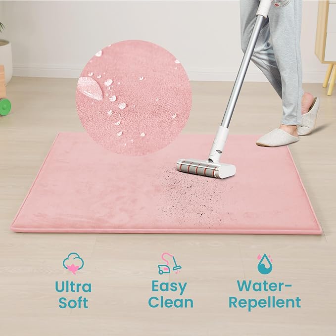 Huloo Sleep Baby Play Mat for Floor,1.3" Thick Elasti-Foam 50"×50" Playpen Mat for Tummy Time,Water Repellent Soft Coral Velvet for Toddler,Infant,Kids,Non-Slip Backing Safe for Crawling(Pink)