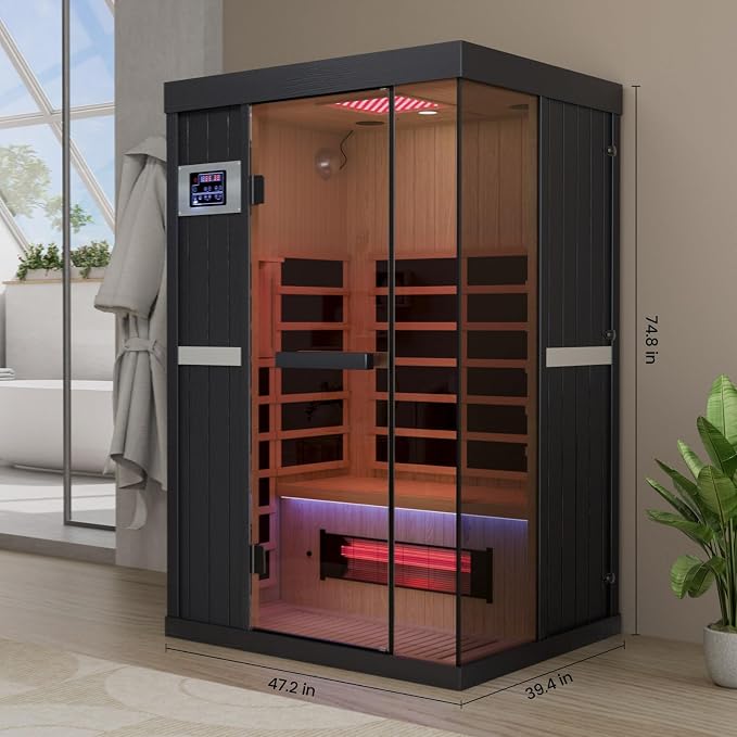 2-Person Full Spectrum Infrared Sauna, 1990W 120V with 12"*12" Red Light Therapy, 2 Speakers, Indoor Dry Sauna for Home & Gym, Canadian Hemlock Wood