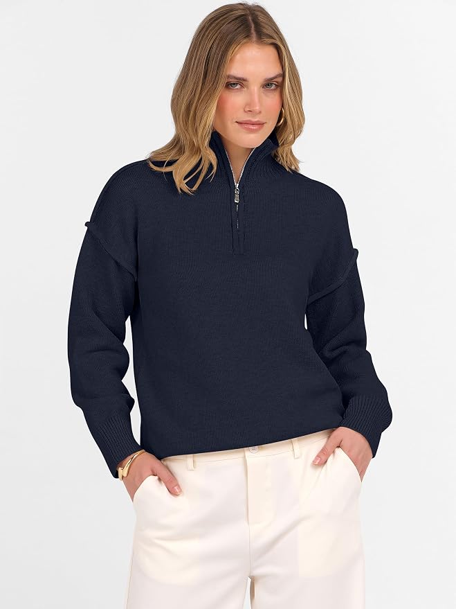 ANRABESS Womens Quarter Zip Sweaters Fall Long Sleeve V Neck Shirts Collared Business Casual Tops Knit Pullover Sweatshirts