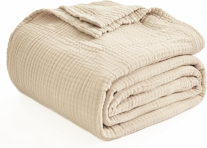 EMME Cotton Blanket King Size for Bed Soft Muslin Blankets 108"x90" Beige Lightweight Breathable Layering Bedspread Coverlet All Season Gauze