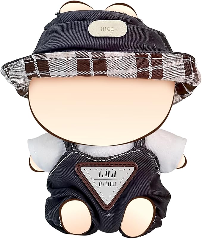 Clothes for 17cm Dolls, Overalls Outfit Set with Accessories, Cute Plush Doll Bucket Hat with Love Heart Design (NO Doll) Dark Gray