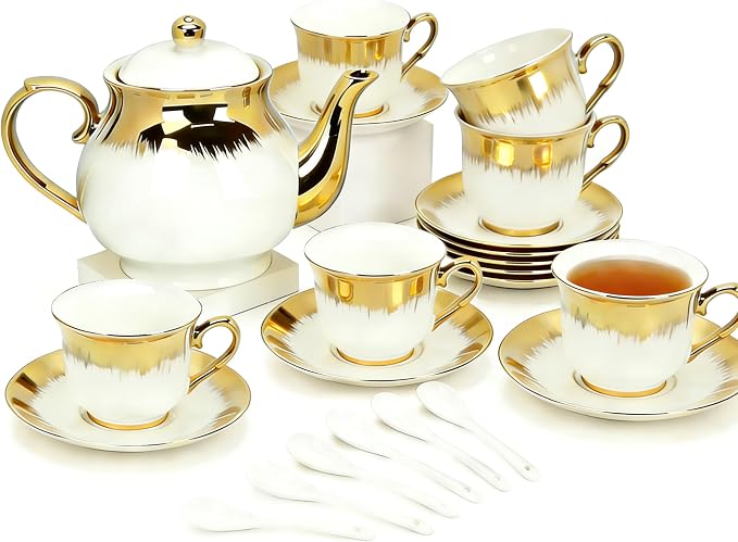 Porcelain Tea Set, Large Ceramic Tea Set for Adults with Metal Holder, 20 Pcs European Tea Cup Set, Luxury Adult Tea Sets Gift, Gold Trim Tea Cup Saucer Sets for Party Deco,1000ML (Gold Trim)