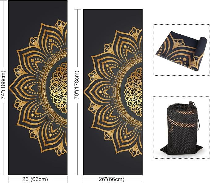 Colorful Star Large Yoga Towel with Corner Pockets, Non Slip Grip Dots Sweat Absorbent Hot Yoga Mat Towels, Yoga Blankets with Travel Bag, Mat Cover for Workout, Gym, Fitness - 74"x26", Gold Mandala
