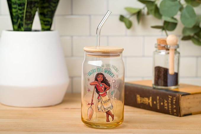 Silver Buffalo Disney Moana “Enjoy The Waves” Glass Tumbler with Bamboo Lid and Glass Straw, 16 Ounces