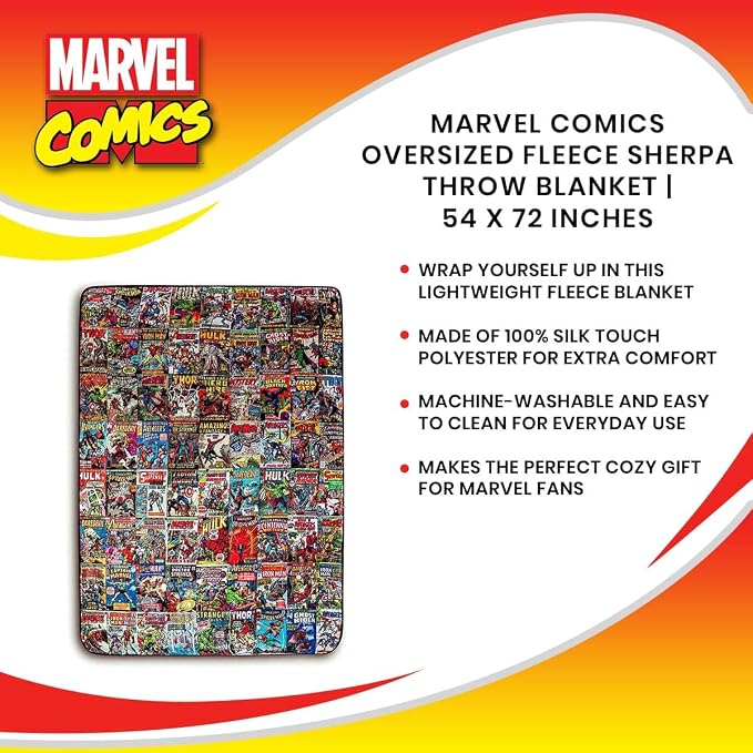 Marvel Comics Oversized Fleece Throw Blanket With Spider-Man, Captain America, Black Panther, More | Superhero Geeky Home Decor | Soft And Cozy Sherpa Blanket | 54 x 72 Inches