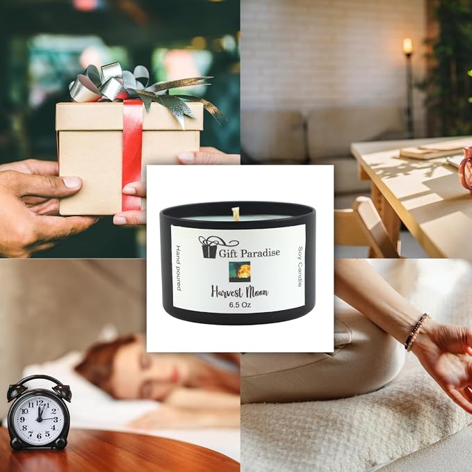 Harvest Moon Soy Wax Candle in Black Metal Tin, 6.5 oz, Cotton Wick, Midnight Plum, Harvest Quince