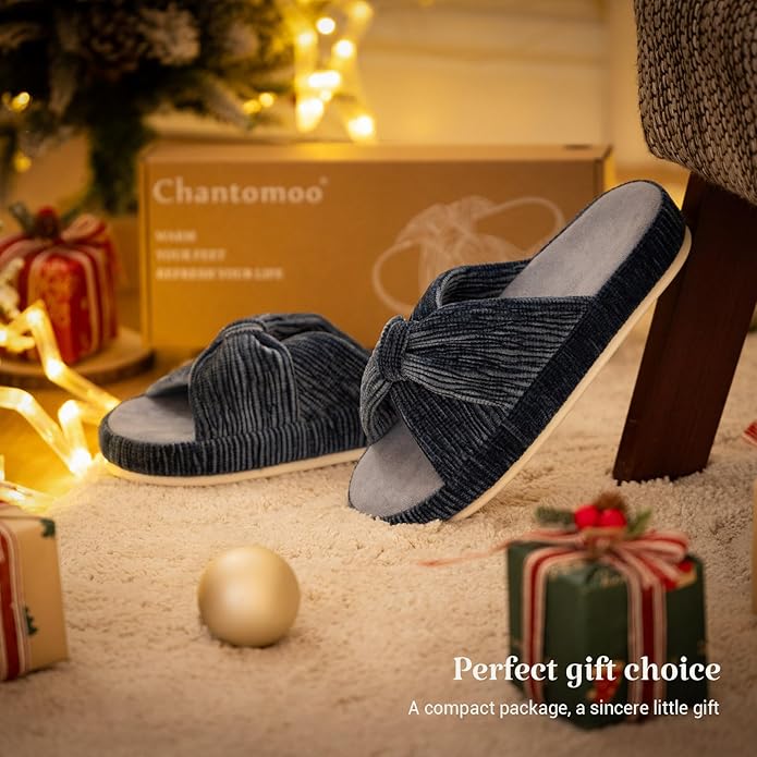 Chantomoo Slippers for Women Memory Foam House Bedroom Corduroy Bow Crossbands Slipper Shoes Comfy Trendy Gift Slippers