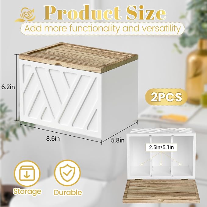Jorkol 2 PCS White Tampon Holder for Bathroom Decor, Feminine Product Organizer with Lid, Shark Week Tampon Storage, Wood Pad and Tampon Organizer for Toilet Organizer, Bathroom Accessories Box