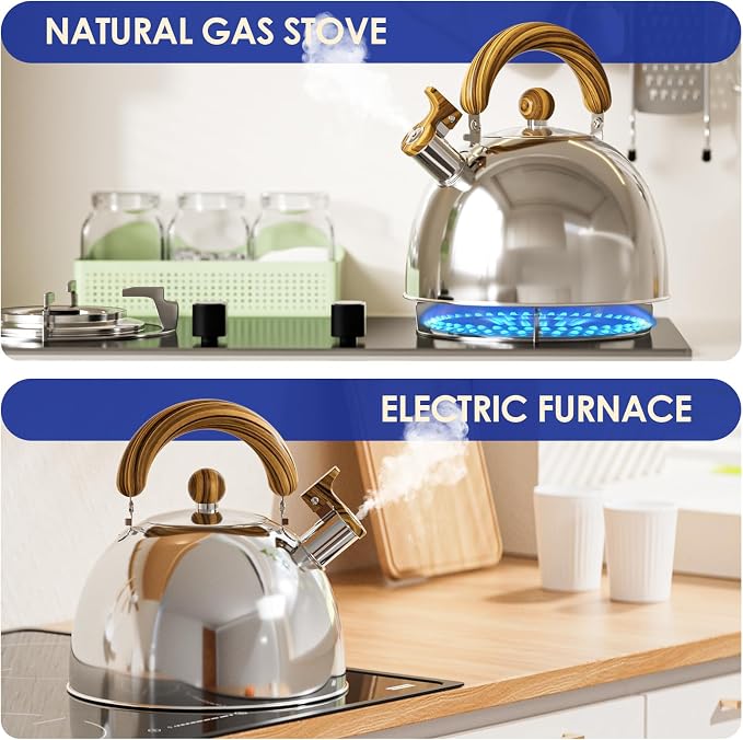 4.2 Quart Tea Kettle Stovetop Whistling for Stove Top, Handle Silver | Food Grade Stainless Steel Tea Kettles with Cool Wood Pattern Handle, Induction Compatible