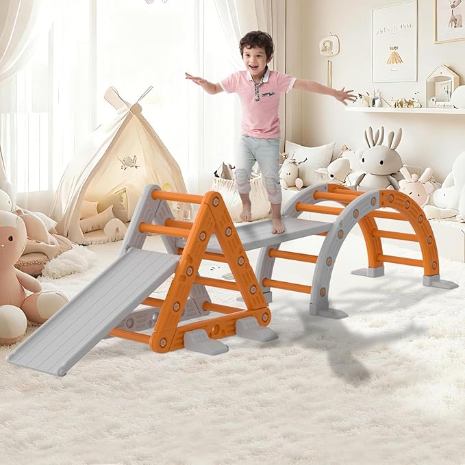 Garvee 9-in-1 Triangle Set, HDPE PP Plastic Climbing Set, Durable 1-8 Toddler Climbing Toys Indoor with Arch, Ramp, Ladder & Slide, Indoor Playground Jungle Gym Playset, Orange