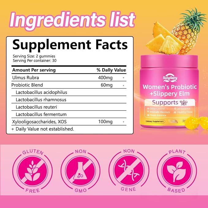 Suiyilary Feminine Probiotics Gummies for Women, PH Balance, Premium Vaginal Health, Immune Support, Vegan, Gluten-Free, Hawaiian Pineapple 60 Gummies 30 Servings