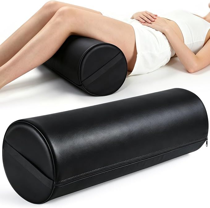 Full Round Bolster Pillow, 26" x 9" PU Leather Massage Table Bolster with Strap Handle, Massage Pillow for Knee Back Ankles Pain Relief, Comfortable Leg Bolsters Cylinder Pillow for Home / Spa / Yoga