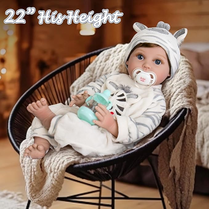 Aori Lifelike Reborn Baby Dolls - 22 Inch Realistic Newborn Baby Boy Doll in Soft Weighted Body & Zebra Outfits - Real Life Reborn Toddler Boy Gift Set for Kids 3+