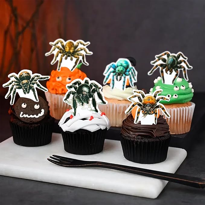Gyufise 36Pcs Halloween Spider Cupcake Toppers Spider Cake Picks Halloween Horror Spider Cupcake Decors for Halloween Theme Baby Shower Party Cake Decoration Supplies