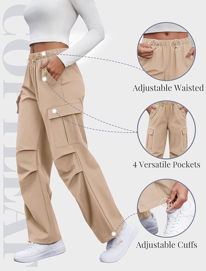 COPYLEAF Cargo Pants Women Elastic Waisted Parachute Hiking Pants with Pockets Water-Resistant Lightweight Baggy Pants