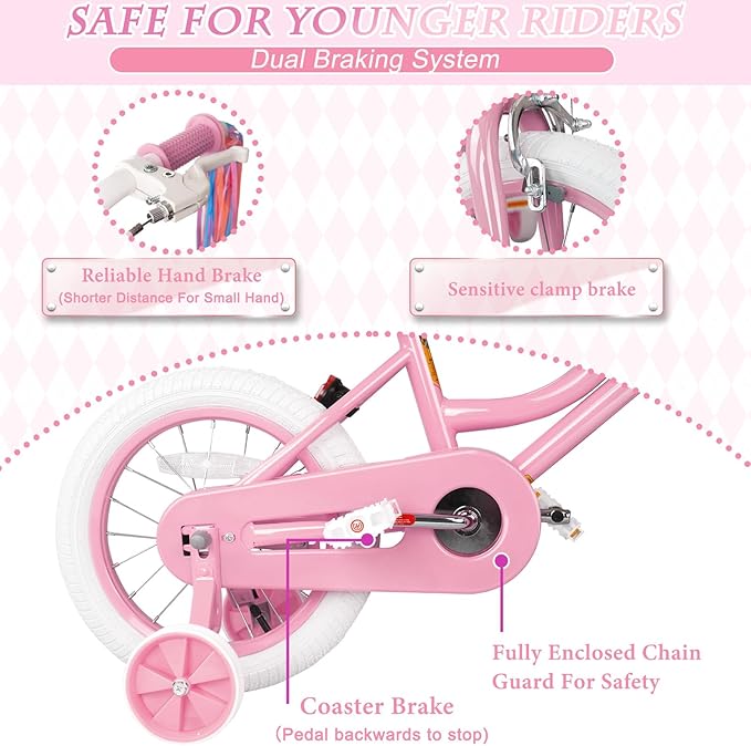 KORIMEFA Girls Bike for Ages 2-8 Years Toddler Kids with Doll Seat, 12 14 16 Inch Bicycle with Training Wheels, Little Small Princess Bicycle with Basket& Streamers, Girls Pedal Bike