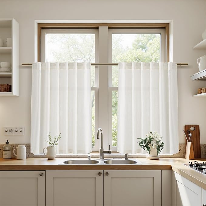 Nanspring 24 Inch Linen Curtains for Kitchen Beige White Small Window Semi Sheer Curtains Back Tab and Rod Pocket Light Filtering Drapes for Basement Short Cafe Curtain, 36 x 24 Inch,2 Panels