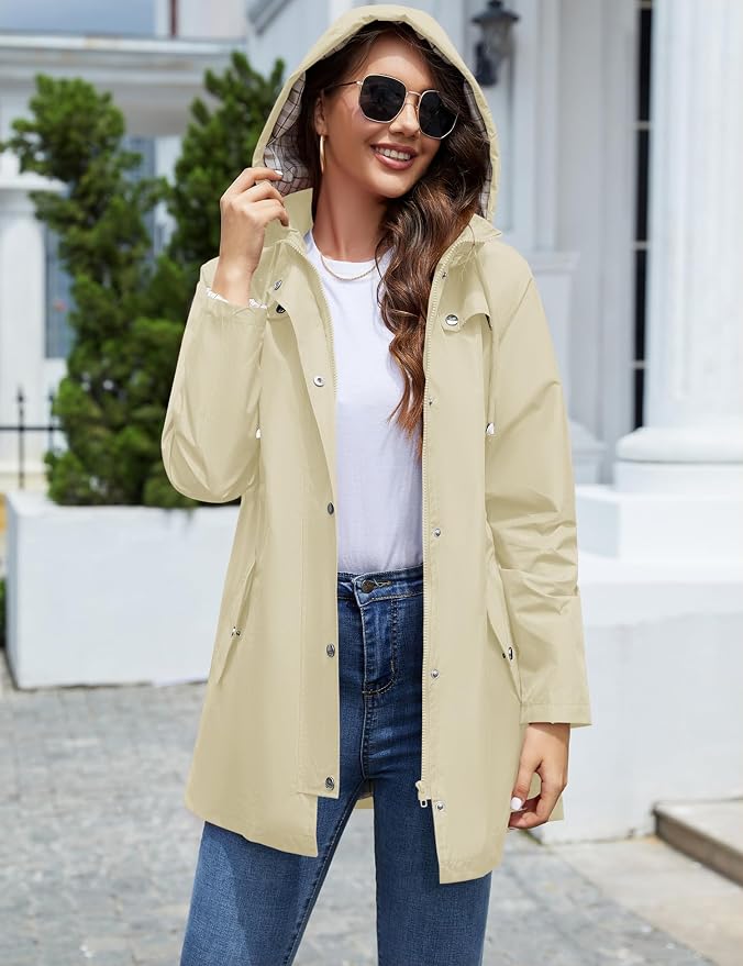 LOMON Women Waterproof Outdoor Hiking Raincoat Women Lined Rain Jacket Lightweight Hooded Jackets Trench Coats