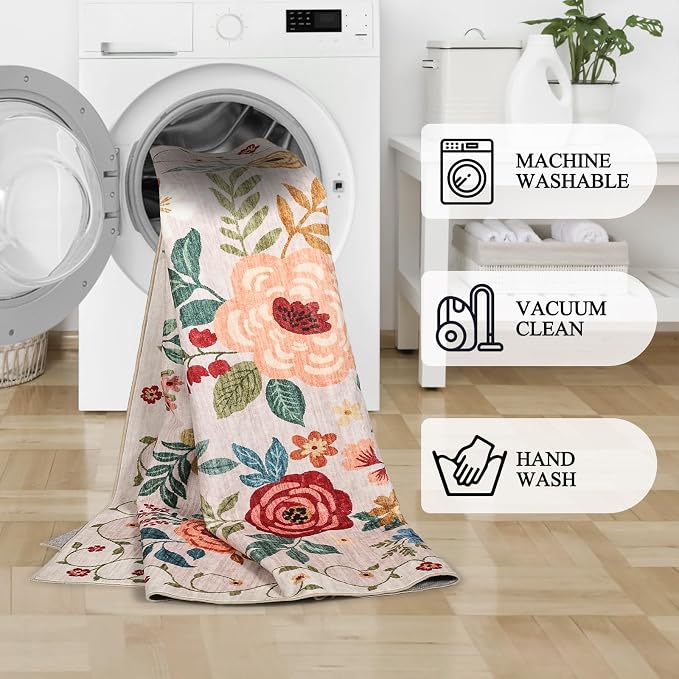 DUKINO 3x4 Area Rug, Floral Washable Rug for Kitchen Non Slip, Beige | Low Pile, Soft, Stain Resistant Indoor Rug for Entryway, Bedroom, Bathroom, Laundry, Pet Friendly, Home Decor, Lightweight