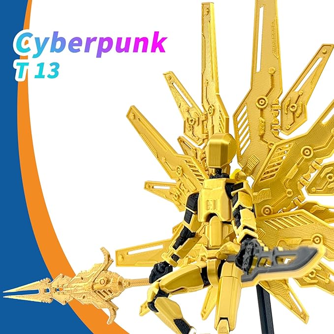 T13 Titan 13 Action Figure Already Assembled, Cyberpunk Futuristic Mecha 3D Printed Action Figure Set Robo 13, Lucky 13, Gift for Dummy Collectors Desktop Decorations (Gold)