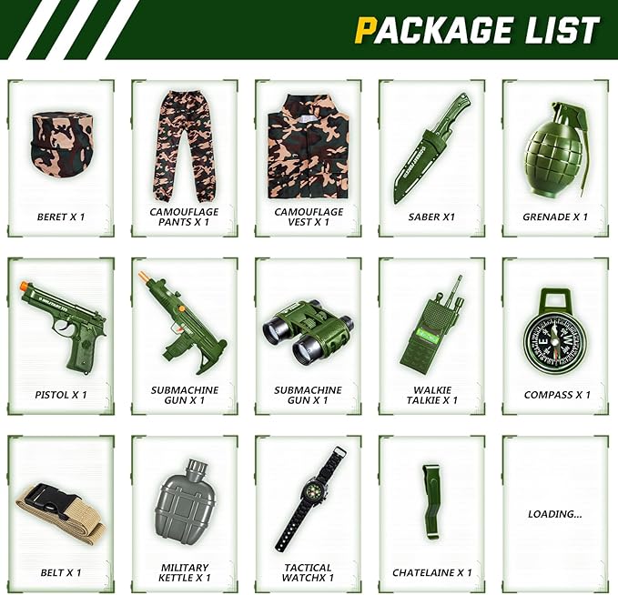 Kids Army Costume for Boys,Boys Military Soldier Costume with Army Toys, Halloween Costumes Dress Up Role Play Set