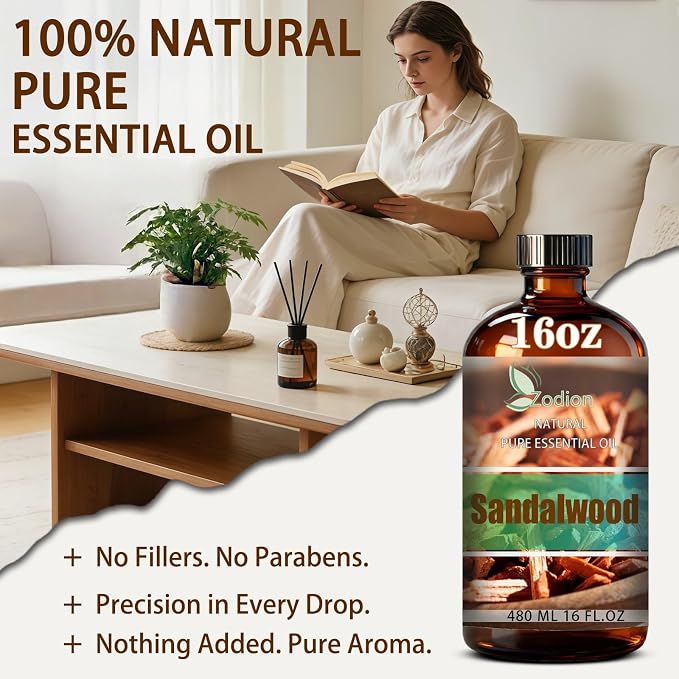 Sandalwood Essential Oil - Sandalwood Oil for Diffuser, 16 Fl Oz(480ml) | Candle Making, Soap Making, aroma, Strong Scent, Pure, Natural, Home Fragrance, Massage, Large Bottle, Yoga