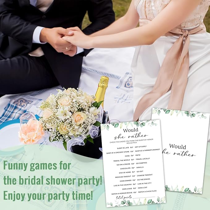 30 Pcs Would She Rather Bridal Shower Game Wedding Shower Games, Bridal Shower Games 30 Guests for Engagement Wedding Party(Eucalyptus Botanical Style) -0012