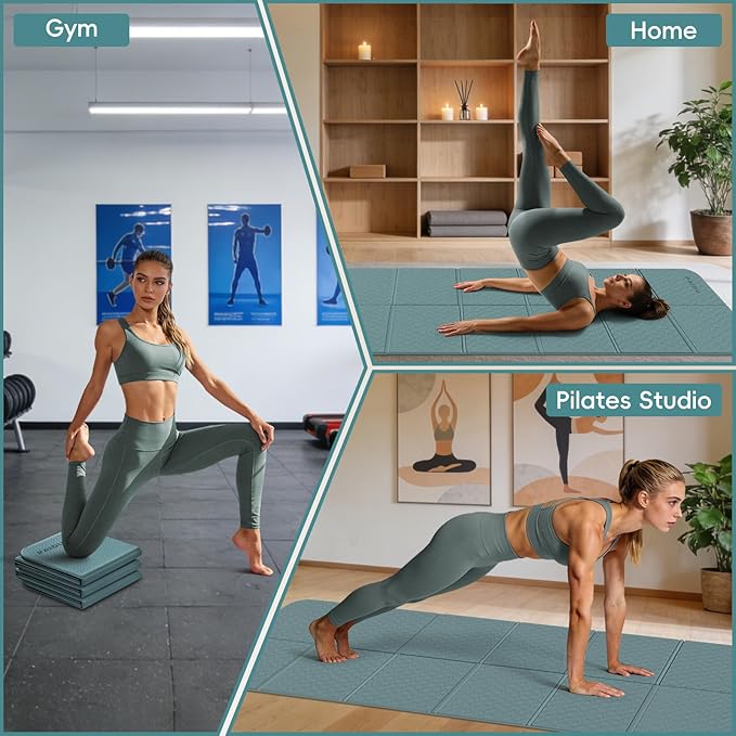 PAIDU Foldable Yoga Mat for Travel, 70"x24"x0.31" (8MM) TPE Double-Sided Non-Slip Pilates Mat with Carrying Bag for Yoga, Pilates, Fitness and Home/Outdoor Workouts