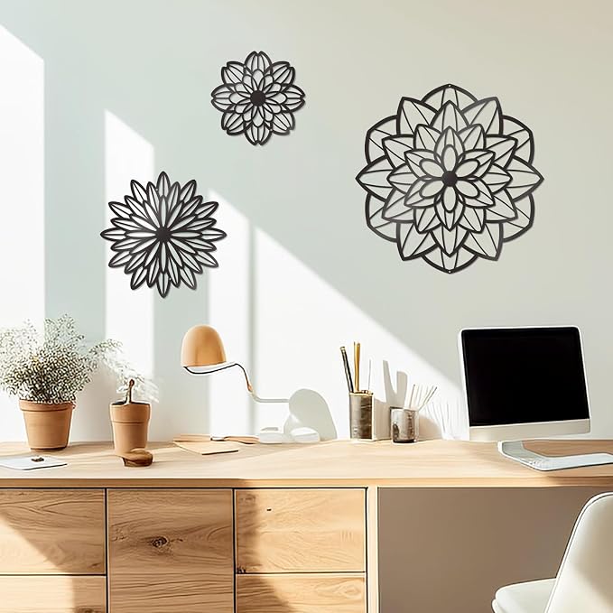 Zzbakress 3 Pcs Metal Flowers Wall Art Bathroom Wall Decor (Black Modern) | Farmhouse Flower Bathroom Decor Wall Decorations For Bathroom, Living Room, Office, Kitchen, Hallway And Outdoor