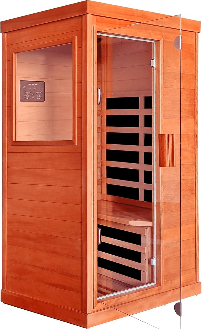Sauna 1 Person Far Infrared Saunas for Home Low Emf Indoor Sauna | Wood Dry Sauna Room with Tempered Glass Door Speakers 7 Color Lighting Fast Heating Easy Assembly 35.2 * 27.6 * 61.6"