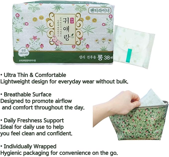 귀애랑 Korea Women's Panty Liners, 17.5cm (Long), Breathable & Comfortable, Individually Wrapped, 38 Count