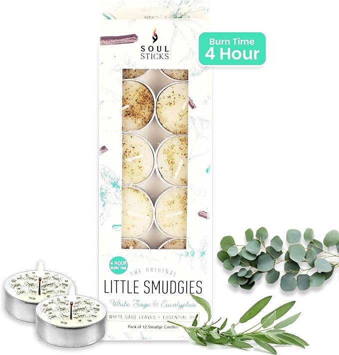SOUL STICKS 12 Pack Little Smudgies Tealight Candles Smudge Candle for Cleansing House, Meditation, Chakra Healing | Made with Crystals and Herbs (White Sage & Eucalyptus)